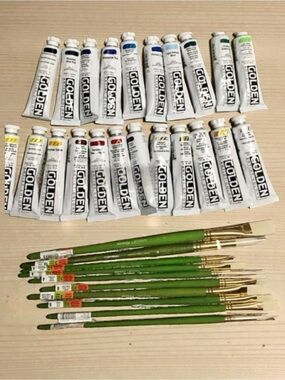 New Golden acrylic heavy body paint lot of 22, 10 level 3 acrylic paintbrush’s